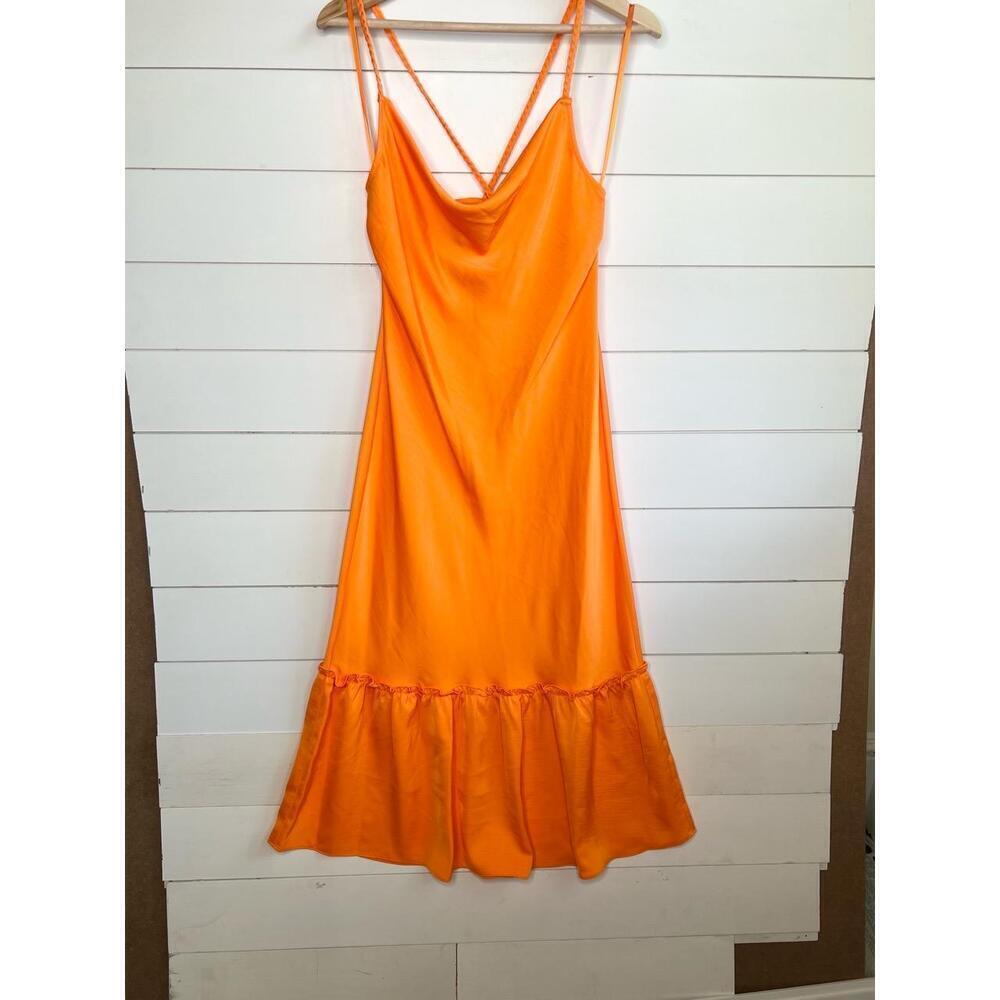 Karl Lagerfeld Paris Orange Spaghetti Straps Ruffled Bottom Cowl Slip Dress 12 - Picture 2 of 10
